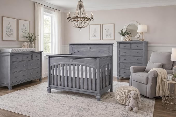 Evolur Santa Fe 5-in-1 Convertible Crib in Storm Grey, Greenguard Gold Certified, Features 3 Mattress Heights, Wooden Nursery and Bedroom Furniture, Baby Crib