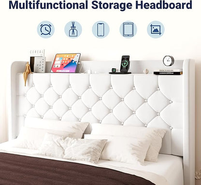 Allewie King Size Bed Frame, Storage Headboard with Charging Station, Wingback Velvet Upholstered, Diamond Stitched Button Tufted, Sturdy Wooden Slats, No Box Spring Needed, Easy Assembly, White