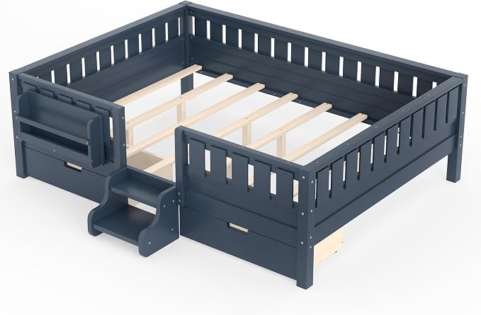 Bellemave Queen Bed with Storage Drawers & Bookshelf, Low Profile Kids Bed Frame with Staircase & Full Length Guardrails, Solid Wood Queen Bed for Kids with Slats Load 550LBS, Easy Assembly, Blue