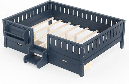 Bellemave Queen Bed with Storage Drawers & Bookshelf, Low Profile Kids Bed Frame with Staircase & Full Length Guardrails, Solid Wood Queen Bed for Kids with Slats Load 550LBS, Easy Assembly, Blue
