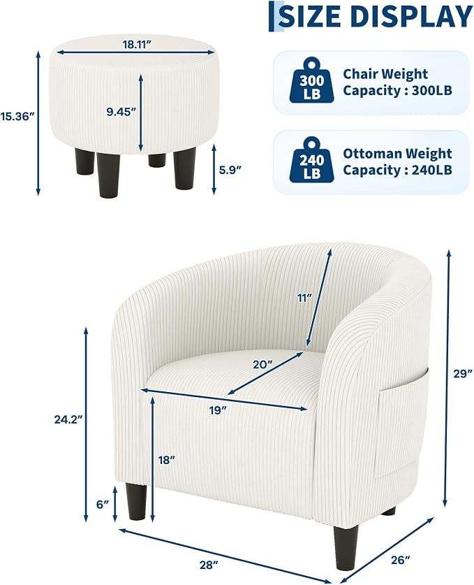 GarveeHome Accent Chair with Ottoman, Corduroy Barrel Chair for Living Room, Comfy Armchair with Footrest for Small Spaces, Reading Nook Chair, Beige