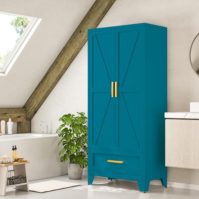Baborokic Metal Wardrobe Cabinet,71 Armoire Wardrobe Closet with Drawers and Hanging Rod,Metal Armoire with Adjustable Shelves for Closet,Bedroom,Farmhouse Storage Cabinet with Drawer(Blue)