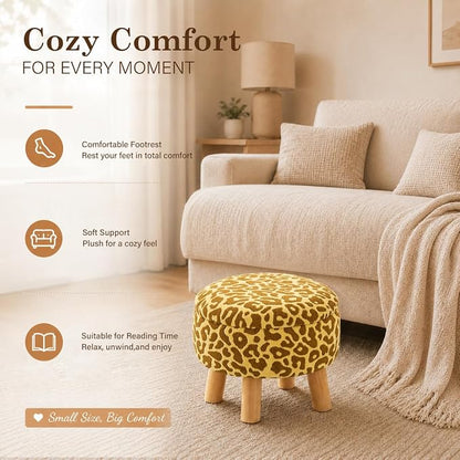 Wimarsbon Storage Ottoman, Modern Round Footrest with Soft Padded Seat, Pattern Velvet Footstool with Wood Legs, Accent Small Table or Plant Stand for Hallway, Living Room (Yellow)