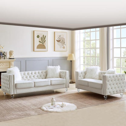 60" Chesterfield Sofa, Velvet Mid-Century Modern Upholstered Loveseat Sofa with 2 Throw Pillows and Acrylic Legs, Nailhead Button Tufted Vintage Couch for Living Room, Apartment, Beige