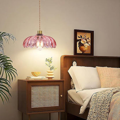 QIYIZM Pink Plug in Pendant Light Hanging Lights with Plug in Cord Boho Hanging Lamp Glass Gold Mid Century Modern Vintage Dimmable Flower Plug in Chandelier Ceiling Fixture for Living Room,Kitchen