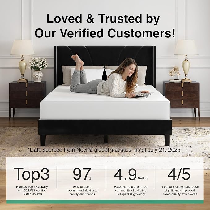 Novilla King Bed Frame, King Bed Frame and Headboard, Velvet Upholstered Wing Side Headboard, No Box Spring Needed, Heavy Duty Feet, Easy Assembly, Black Velvet
