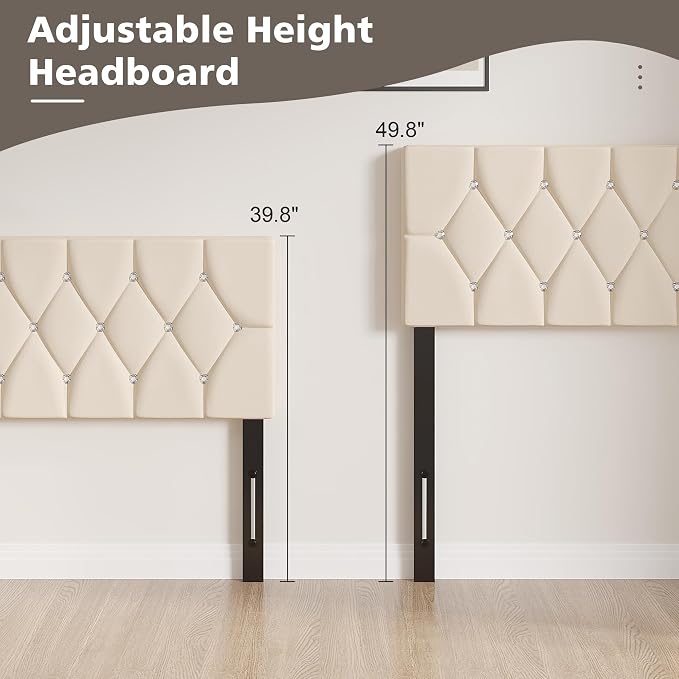VECELO Tufted Upholstered Headboard Queen Size, with 6 Adjustable Height from 39.8" to 49.8", Button Diamond Design, Easy Assembly, Beige