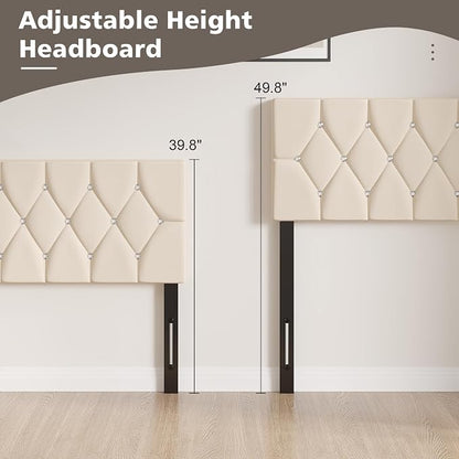 VECELO Tufted Upholstered Headboard Queen Size, with 6 Adjustable Height from 39.8" to 49.8", Button Diamond Design, Easy Assembly, Beige