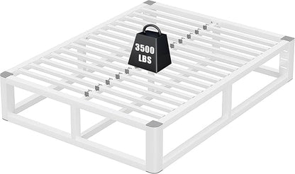 14 Inch Queen Bed Frame with Rounded Corner and Headboard Hole, Metal Platform Bed Frames 6 Non-Slip Guards, 3500lbs Heavy Duty Steel Slat Support, Squeak Free, No Box Spring Needed, White