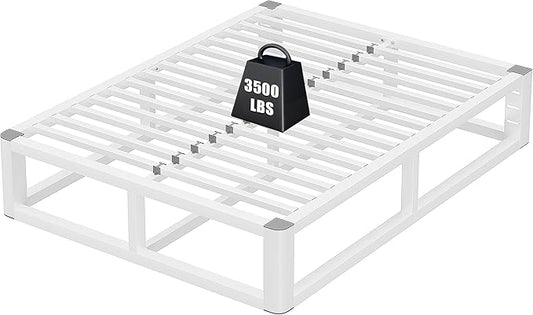 14 Inch Queen Bed Frame with Rounded Corner and Headboard Hole, Metal Platform Bed Frames 6 Non-Slip Guards, 3500lbs Heavy Duty Steel Slat Support, Squeak Free, No Box Spring Needed, White