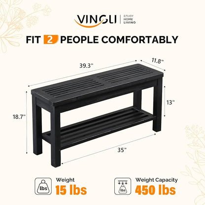 VINGLI Rustic Storage Bench, Solid Wood Seat with Storage Shelf, Indoor Outdoor Shoe Rack, 450lbs Capacity Small Outdoor Bench for Mudroom Entryway Patio Porch (Black, 40in)