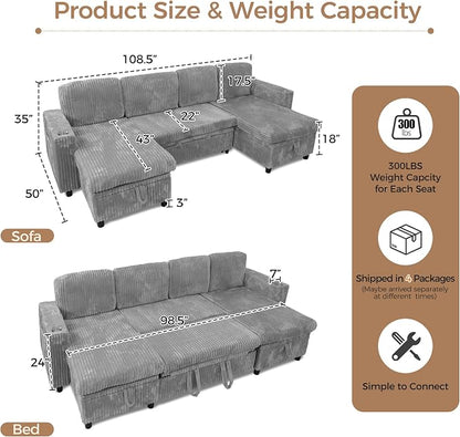 Modular Sectional Sleeper Sofa with Pull Out Bed, Plush Corduroy U Shaped Couch with Storage Chaise, USB Ports, Cup Holders, Comfy Cloud Couches for Living Room, Grey