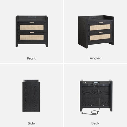 SICOTAS Black Nightstands Set of 2 Bed Side Table - Boho Night Stand End Table with Type-C Charging Station, 2 Rattan Decor Drawers Storage Cabinet Night Stands for Bedroom, Black Oak