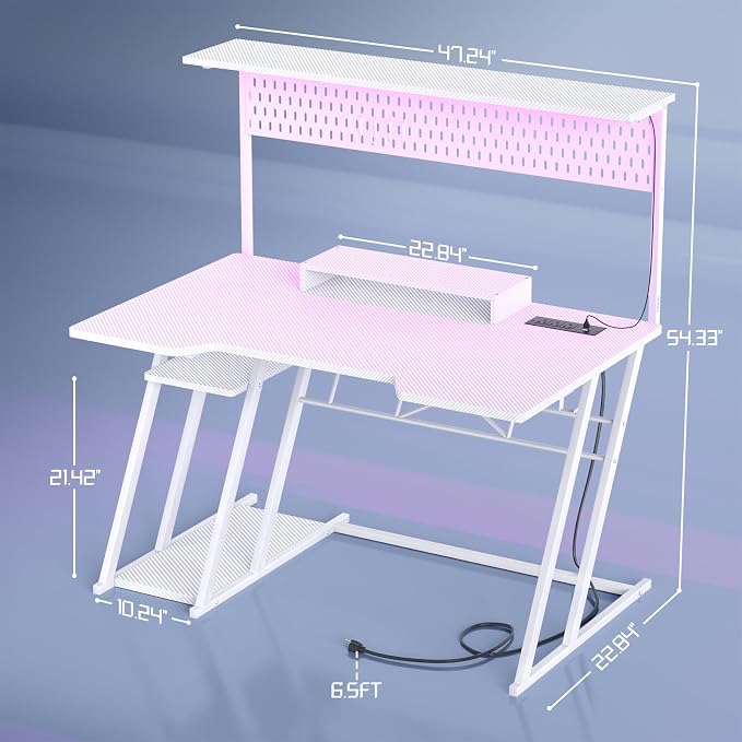 Armocity Gaming Computer Desk with Power Outlets, Gaming Desk with Hutch and LED Lights, Reversible PC Gaming Desk with Pegboard, Carbon Fiber White, 47"