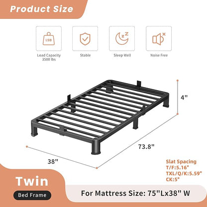 VIPSHOW 4 Inch Twin Heavy Duty 3500 lbs Bed Frame with Round-Corner Legs & Anti-Squeak Design – Quick Assembly Metal Platform, No Box Spring Needed