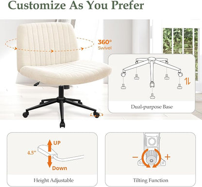 Orange Factory Criss Cross Chair Wheels Wide Cross Legged Office Desk Vanity Dual Base Comfy Fabric Armless Adjustable Swivel for Home Computer Task (Beige Dual Base, Fabric)