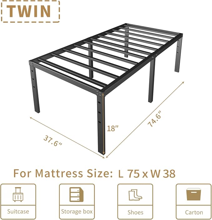 HOBINCHE 18 Inch Metal Twin Bed Frame No Box Spring Needed - Easy Assembly Heavy Duty Noise Free Narrow Bedframes - Single Black Basic Steel Slats Platform with Storage
