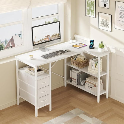 DUMOS L Shaped Desk with Shelf Drawers 47", Corner Computer Desks Gaming with Power Outlet, Study Table with Adjustable Shelves, Home Office Tables for Bedroom Teacher Writing, Modern White
