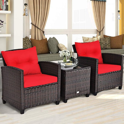 COSTWAY 3PCS Patio Furniture Set, PE Rattan Wicker Sofa w/Washable Cushion and Coffee Table, Tempered Glass Tabletop, Outdoor Conversation Set for Balcony, Porch, Yard, Backyard, Lawn, Red
