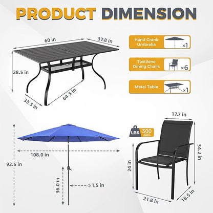 SUNCROWN 8 - Piece Outdoor Dining Set, Patio Furniture Set with 6 Textilene Dinning Chairs, 1 Rectangle Metal Table and 1 Dark Blue 9Ft Patio Umbrella for Lawn Garden Backyard Deck, Black
