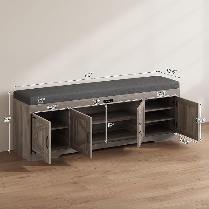 UPOSOJA 60“ Farmhouse Shoe Storage Bench with Deodorizing, Entryway Storage Bench with Cushion Seat, 4 Doors Freestanding Hidden Shoe Rack, Adjustable Shelf, for Bedroom, Living Room (Gray Wash, 60IN)