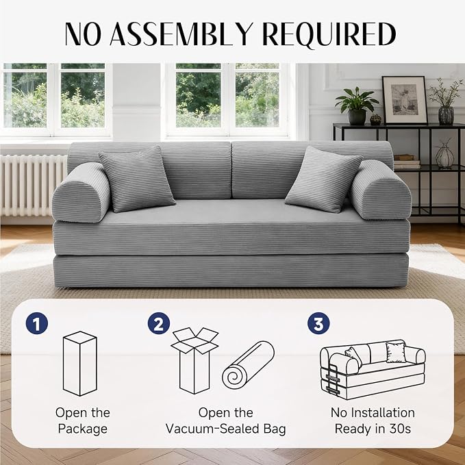 79'' Convertible Sofa Bed, 6 in 1 Folding Floor Futon Couch Sleeper with Fixed Frame, Corduroy Modular Sofa Bed with Removable Armrests & Pillows, No Assembly for Living Room Bedroom (Light Gray)
