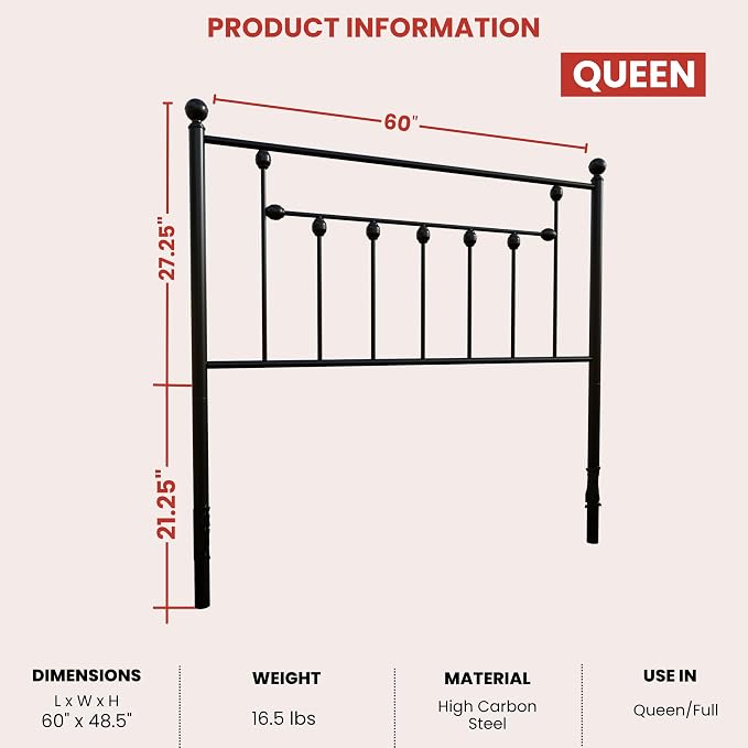 Victorian Metal Headboards, Adjustable Height Iron Frame, Rustic Farmhouse Style, Elegant and Durable Design, Easy Assembly, Universal Fit for Kids & Adults, Queen Size, Black Finish