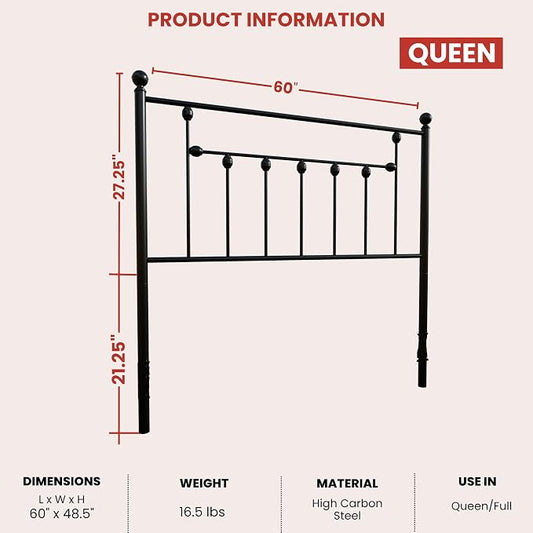 Victorian Metal Headboards, Adjustable Height Iron Frame, Rustic Farmhouse Style, Elegant and Durable Design, Easy Assembly, Universal Fit for Kids & Adults, Queen Size, Black Finish