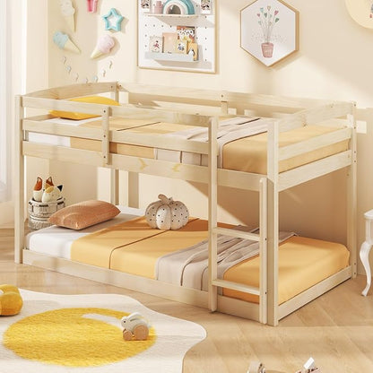 MAT EXPERT Bunk Bed Twin Over Twin, Low Wood Bunk Bed Frame w/Safety Guardrails, Ladder & Slats, Floor Platform Twin Bunk Beds for Kids Toddlers, for Dorm Bedroom, No Box Spring Needed (Natural)
