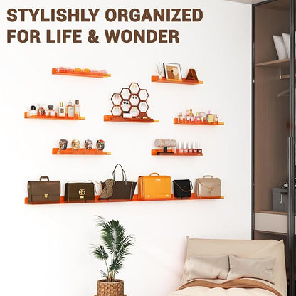 Qukaka Floating Shelves for Wall Decor, 15" Wall Shelves for Bedroom, Living Room, Kitchen, Bathroom Decor, Nail Polish/Book/Decoration/Makeup/Perfume Organizer Floating Shelf-3Pack Clear Orange