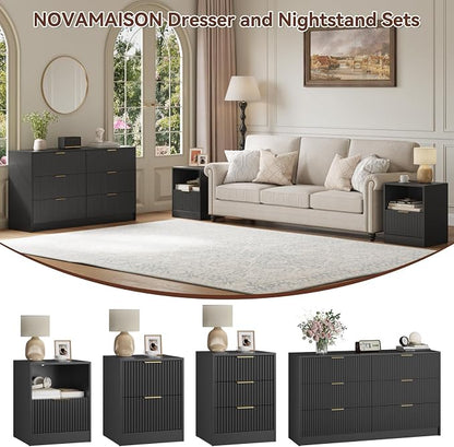 6 Drawer Dresser & Nightstand Set 3-Piece, 55” Wide Bedroom Set Night Stand Set of 2 with Metal Handle, Fluted Modern Wood Chest of Drawers Storage Dressers Set for Bedroom, Black
