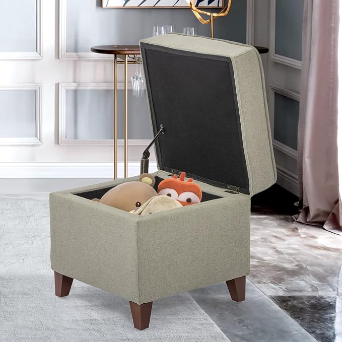 Adeco Fabric Ottoman with Storage Chest and Footrest - Square Seat, Light Brown