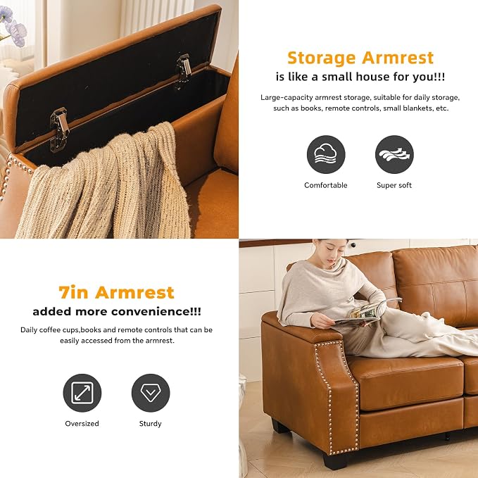 85'' Faux Leather Couch with Armrest Organizer,Sectional Sofa with Storage Movable Ottoman,Solid Wooden Frame,Thick Cushion,3 Seater L Shaped Couches for Living Room,Apartment,Home Furniture,Brown