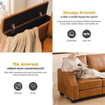 85'' Faux Leather Couch with Armrest Organizer,Sectional Sofa with Storage Movable Ottoman,Solid Wooden Frame,Thick Cushion,3 Seater L Shaped Couches for Living Room,Apartment,Home Furniture,Brown