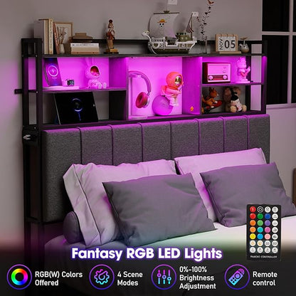 54.8" Tall King Size Headboard with 3-Tier Storage Shelves, Linen Upholstered Head Board with USB & Type C Port & LED Light, Soft Backrest for King Size Bed,Sturdy Headboard Only