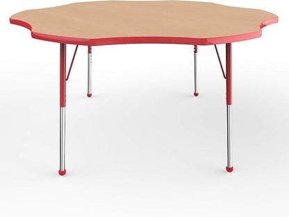 FDP Flower Activity School and Office Table (60 inch), Standard Legs with Ball Glides for Collaborative Seating Environments, Adjustable Height 19-30 inches - Maple Top and Red Edge