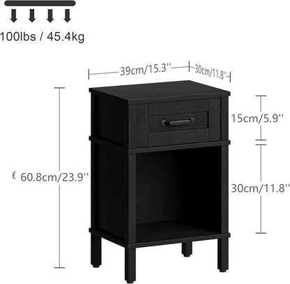 Farmhouse Nightstand with Drawer, Small Wood Side Table, Wooden Bedroom Nightstand, Wood Night Stand, Black Bedside Table with Storage, Black End Table for Living Room LET512B