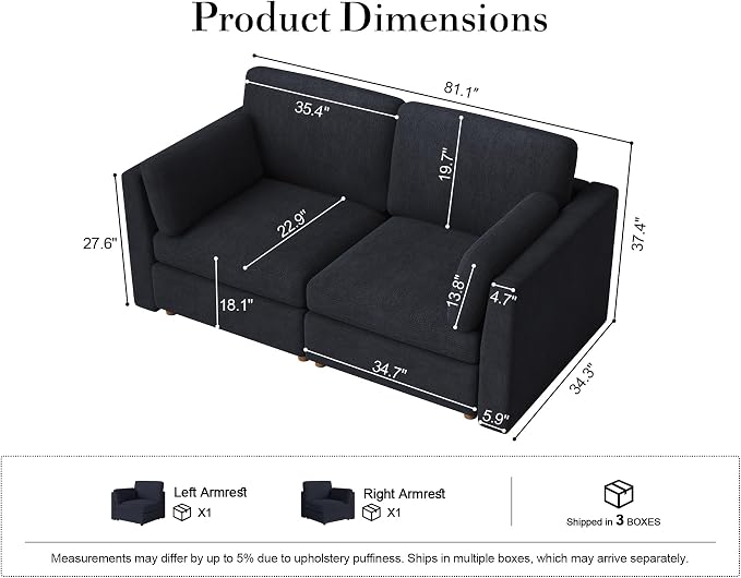 Oversized Modular Sectional Sofa Loveseat Cloud Couches Blue | 2-Seater Deep Seat Couch for Living Room, Luxury Comfortable sofa, Solid Wood Frame, Removable Washable Cover