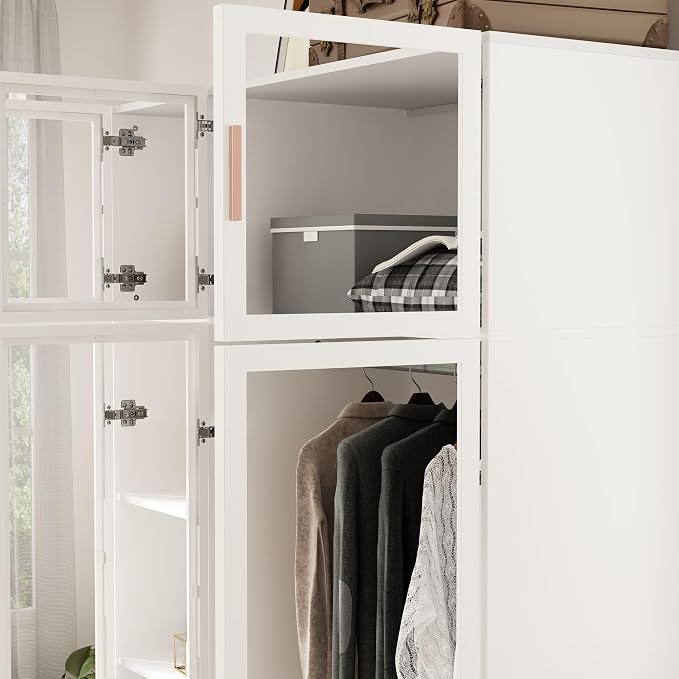 Wardrobe Cabinet with LED Lights, Armoire Closet with Glass Doors, Wooden Large Wardrobe with Hanging Rod & 5 Tiers Shelf, Modern Bedroom Armoire Clothes Organizer, White 47.2" W
