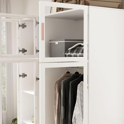 Wardrobe Cabinet with LED Lights, Armoire Closet with Glass Doors, Wooden Large Wardrobe with Hanging Rod & 5 Tiers Shelf, Modern Bedroom Armoire Clothes Organizer, White 47.2" W