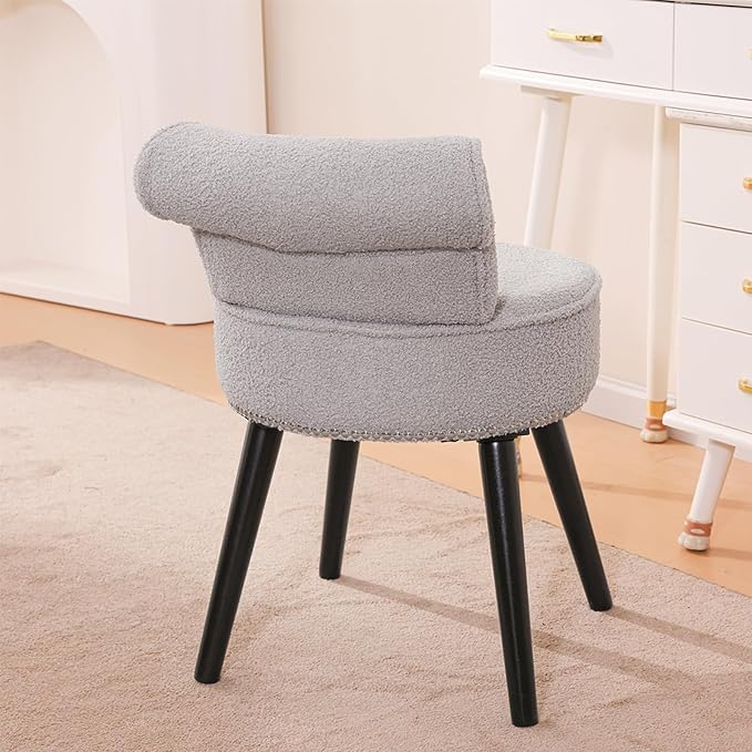 Vanity Chair with Back, Sherpa Stool with Tufted Backrest & Silver Nailhead Trim, Round Vanity Seat for Bedroom and Bathroom Makeup, Support 220lbs, Easy Assembly (Teddy Gray)