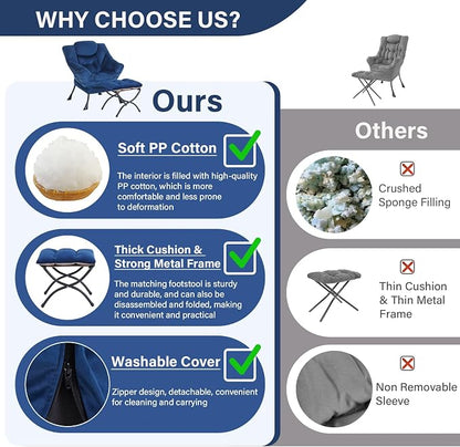 Lazy Chair with Ottoman, Modern Accent Chair Sofa Chair with Armrests, Reading Chair and Folding Footstool for Living Room, Bedroom, Office, Royal Blue