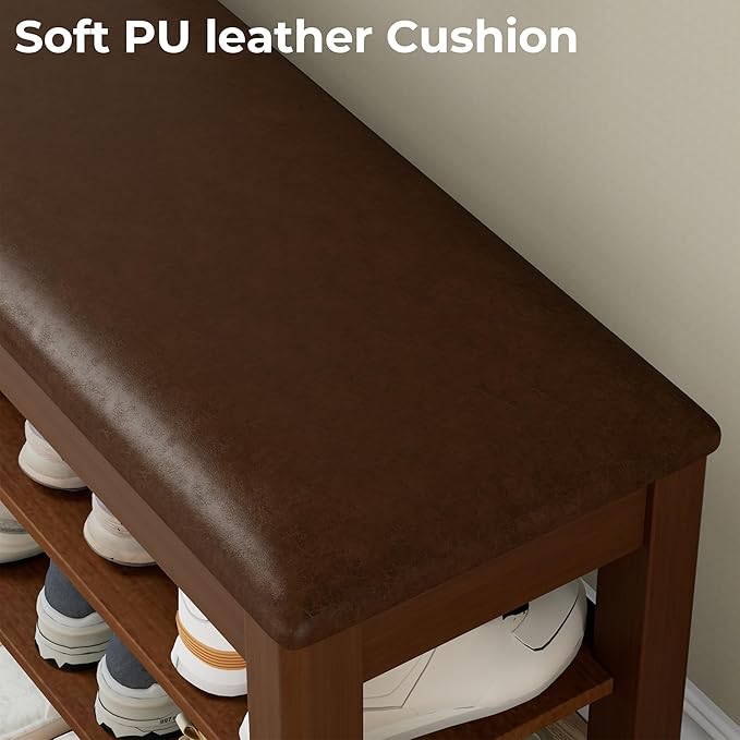 Homleke 2-Tier Solid Wood Shoe Rack Bench with Flip-Top Storage | Entryway Bench with Cushion, Adjustable Shelf, Holds Up to 10 Pairs, for Hallway, Bedroom and Closet, Walnut, 39.4 Inch