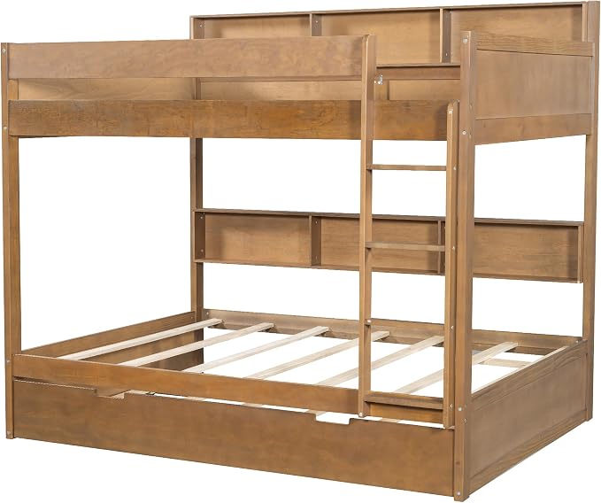 Wood Bunk Bed Twin Over Twin Size with Built-in Storage Shelves, Versatile Bunk Bed Frame with Ladder and Trundle Bed for Kids Teens Adults, Maximize Space (Antique Wood-T2)