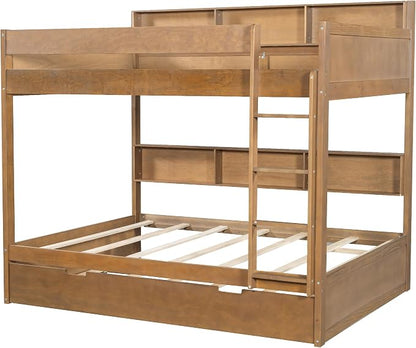 Harper & Bright Designs Rustic Wood Bunk Bed with Pull-Out Trundle, Twin Over Twin Wooden Bunk Bed with Large Cabinet Beside Upper and Down Bed, Wood
