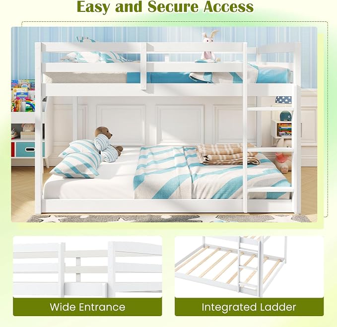 Giantex Full Over Full Bunk Bed, Solid Wood Kids Bunk Bed with Full-Length Guardrails, Integrated Ladder & Anti-Tippling Kits, Low Bunk Beds with Slats Support for Kids, Teens, White