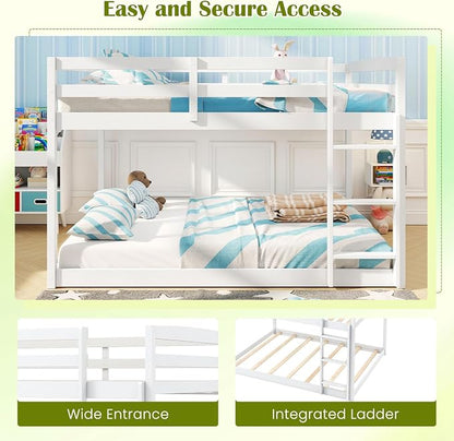 Giantex Full Over Full Bunk Bed, Solid Wood Kids Bunk Bed with Full-Length Guardrails, Integrated Ladder & Anti-Tippling Kits, Low Bunk Beds with Slats Support for Kids, Teens, White