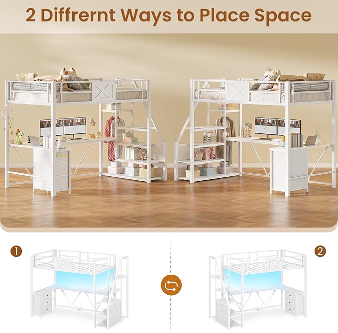 Itaar Stairway Twin Size Loft Bed with L Shaped Desk and Wardrobe, Metal Loft Bed Frame with Storage Stairs, 3 Fabric Drawers, LED Lights & Charging Sation (White, Twin)