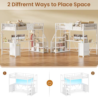 Itaar Stairway Twin Size Loft Bed with L Shaped Desk and Wardrobe, Metal Loft Bed Frame with Storage Stairs, 3 Fabric Drawers, LED Lights & Charging Sation (White, Twin)