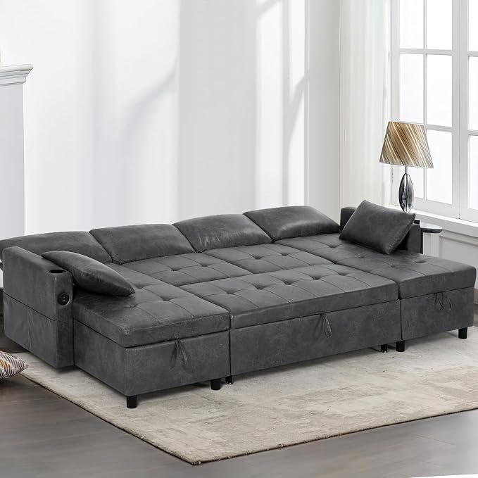 110 inches Suede Leather Sleeper Sofa w/Pull Out Bed, U-Shape Sectional Sofa Bed w/Adjustable Backrest and Storage Chaises, 4-Seats Upholstered Sofa Bed w/USB Port for Living Room, Grey